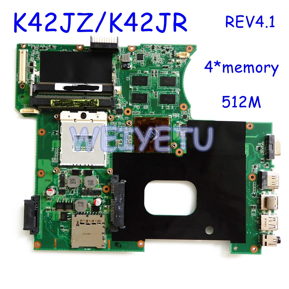 

K42JZ Motherboard 4*memory 512M For ASUS K42JR K42JB K42JZ K42JY A42J K42J X42J A40J DDR3 HM55 Laptop Mainboard REV4.1 Tested