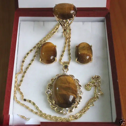 

Jewelry Tiger Eye Stone Ring Earrings Pendant Set 5.23
