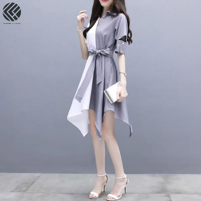 

2019 Spring Summer Women Fashion Korea Style High Waist Ulzzang Large Size Asymmetric Striped Patchwork V-neck Office Lady Dress