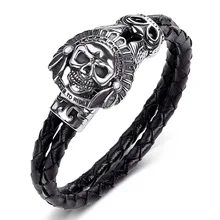 Модные мужские украшения черные плетеные кожаные браслеты мужские кожаные браслеты из нержавеющей стали крутые браслеты с черепом мужские браслеты подарок