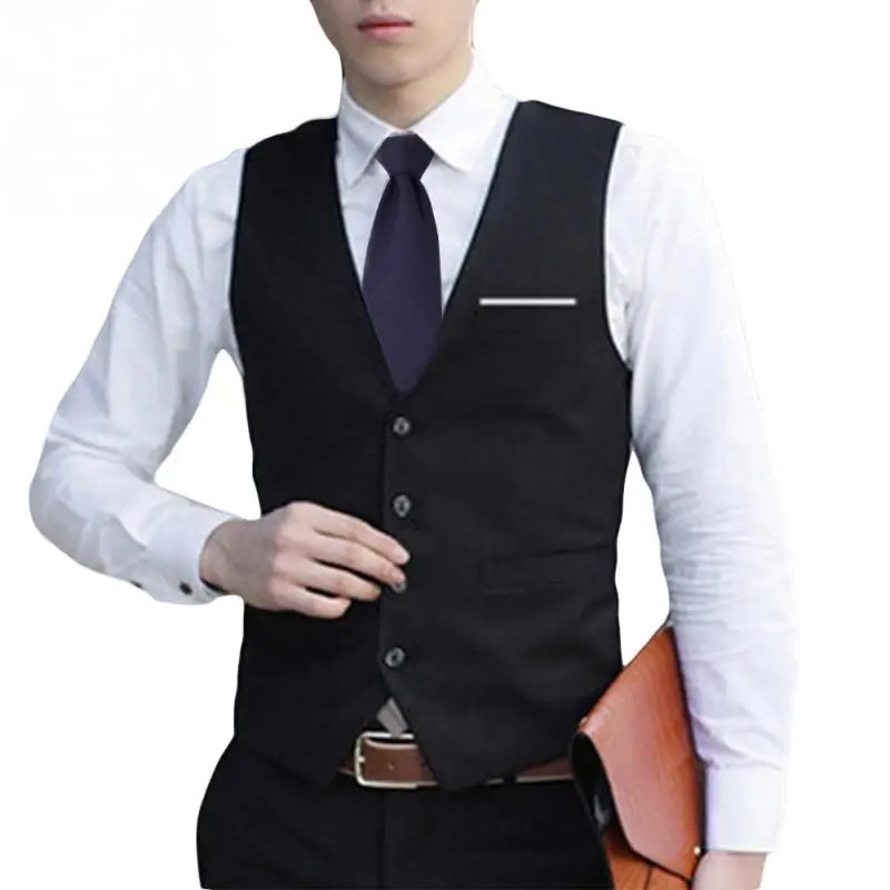 Высококачественная Мужская модная деловая Повседневная одежда жилет Костюм приталенный смокинг Повседневная жилетка с v-образным вырезом - Цвет: Черный
