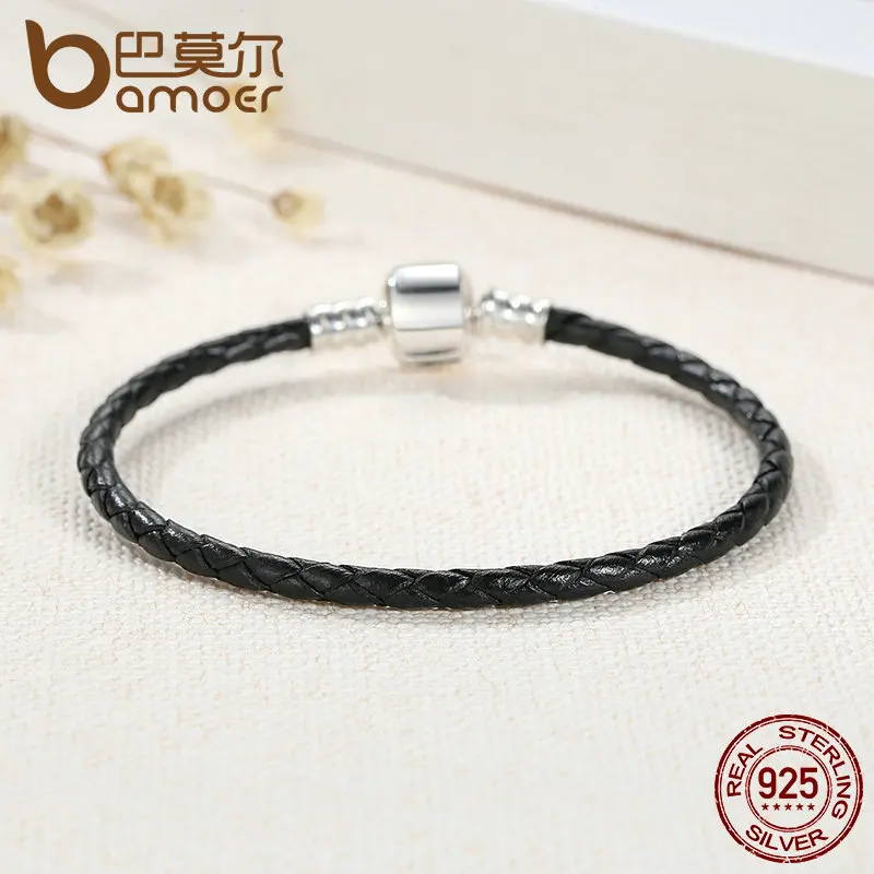 BAMOER Popular 925 Sterling Silver Genuine Leather Bracelets with