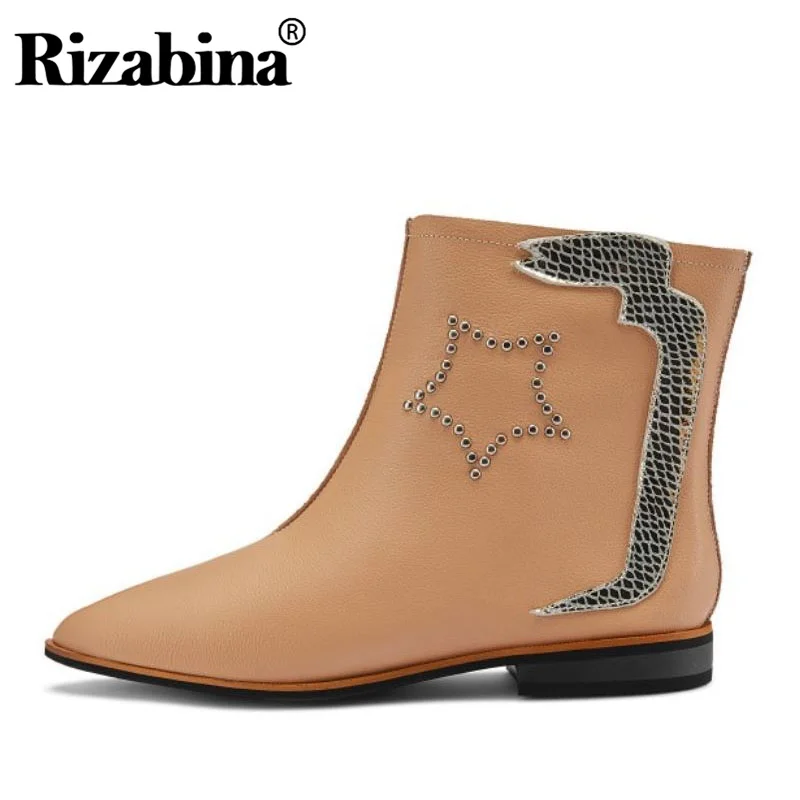 

RIZABINA Genuine Leather Women Flats Boots Fashion Zipper Winter Shoes Women'S Casual Daily Lady Office Footwear Size 32-43