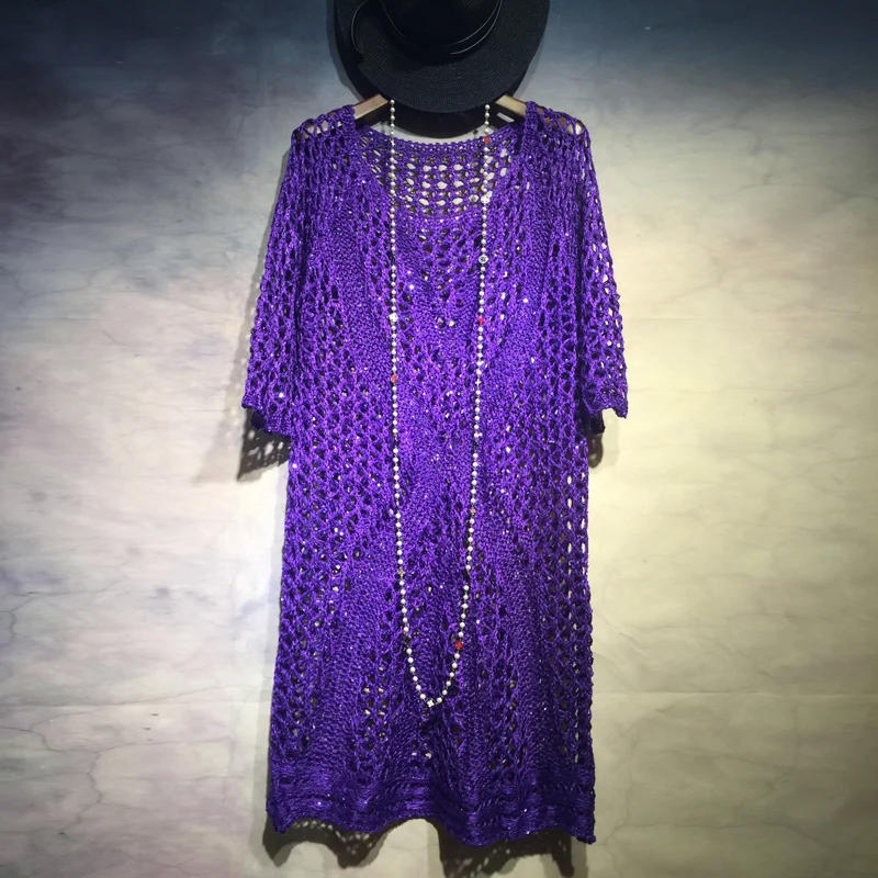 

Hollow Sequins Knitwear Loose Thin Sweater Summer O-Neck Openwork Smock Holes Pullover Long Mesh Oversized Hook Blouse Tops