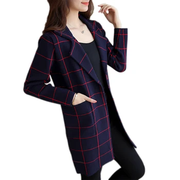 

2018 New Autumn Winter Women Turn-Down Collar Tricot Knitted Jacket Female Plaid Long Sleeve Knitted Sweater Cardigan F398