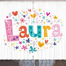 Cortinas Laura Nombre de niña con flores y estrellas de Estilo garabato Vintage ilustración colorida ventana de la sala de estar dormitorio