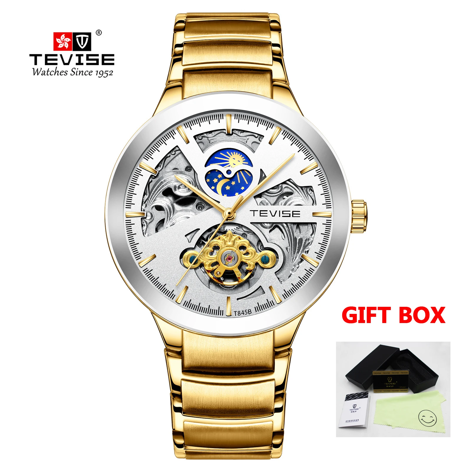 Tevise мужские часы лучший бренд класса люкс автоматические деловые для мужчин с автоподзаводом Tourbillon мужской наручные Relogio Masculino - Цвет: gold white