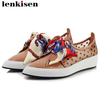 

Pretty girls classic polka dot cow leather gorgeous mixed colors riband bowtie pointed toe med bottom women vulcanized shoes L07