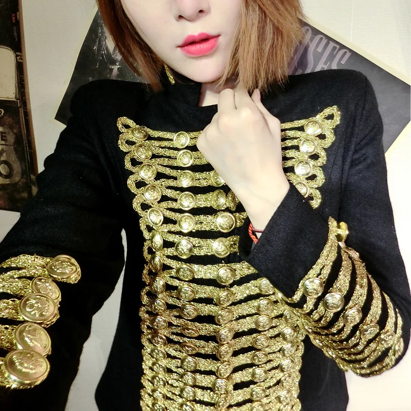Women Wool Blend Double Breasted Military Uniform Jacket Coats Retro Black Gold C71