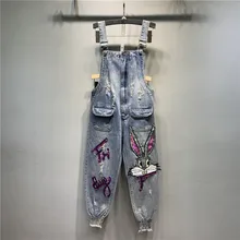 Европейская станция весна новые блестки буквы рваные джинсы венок Блестки Кролик джинсовый комбинезон джинсы