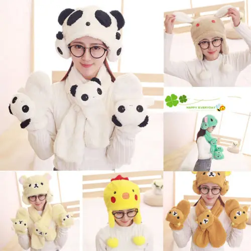 

2017 Winter Warm Kawaii Scarf Glove Earmuff Hat Women's Girl Warm Plush Cotton Lady Earflap Winter