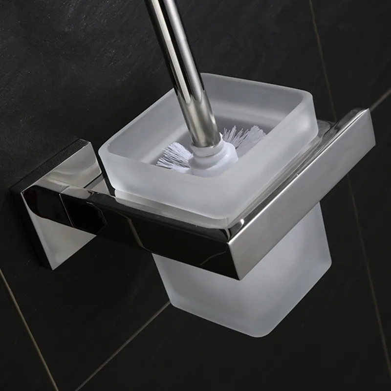 Toilet Brush Set Toilet Brush Holder Modern Stainless Steel Wall Mounted Toilet Brush Holder Shelf Toilet Brush Organizer Frosted Glass Brushed Nickel