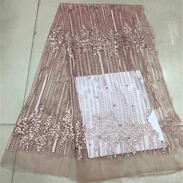 

New Selling 2018 Beaded Guipure French Net Lace Mesh Nigerian Lace Fabrics Pink Embroidered African Lace Fabric