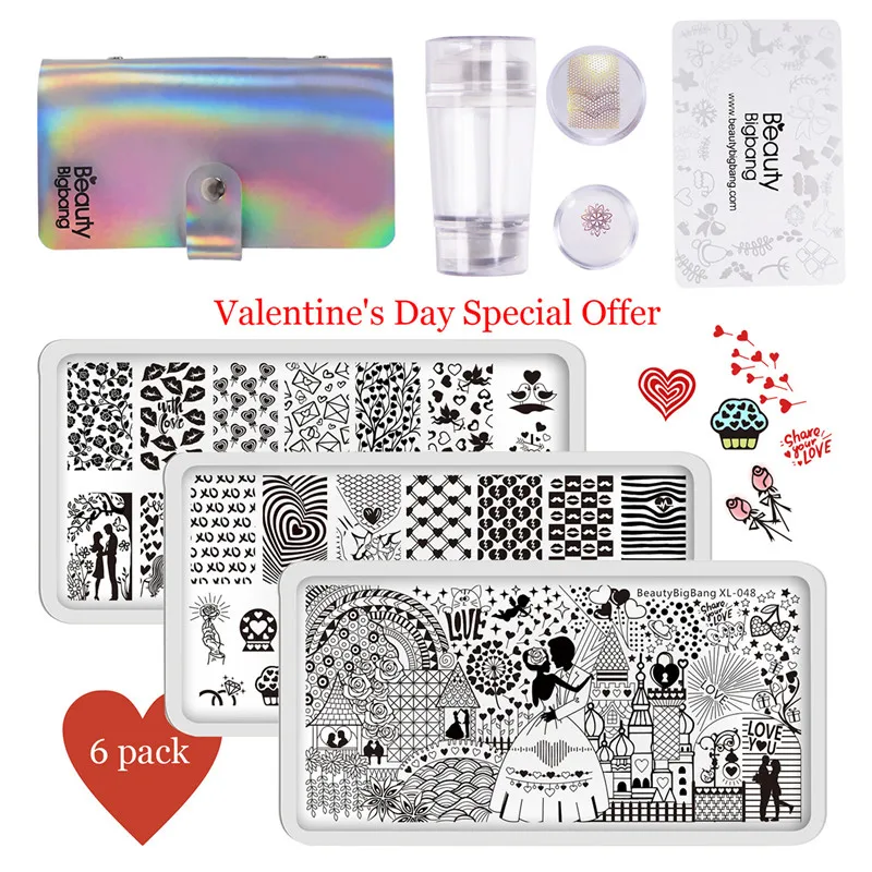 

BeautyBigBang Nail Stamping Plate Set 6PCS Valentine's Day Gift Image Nail Template Nail Art Case With Clear Jelly Stamper Set