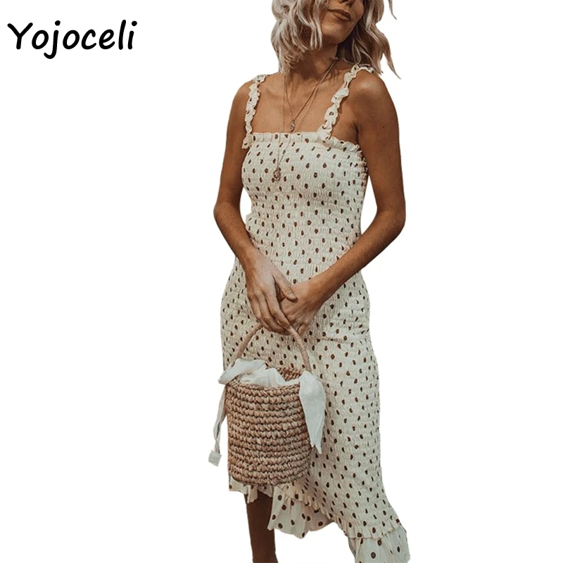 Yojoceli 2019 الصيف نقطة الشاطئ فستان الشمس المرأة bodycon سليم قلم رصاص اللباس الركبة طول فستان مكشكش Yojoceli 2019 الصيف نقطة الشاطئ فستان الشمس المرأة bodycon سليم قلم رصاص اللباس الركبة طول فستان مكشكش