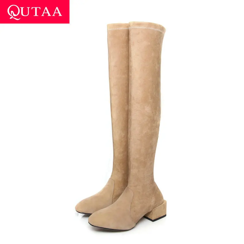 

QUTAA 2020 New Winter Concise Stretch Fabrics Over The Knee Boots Kid Suede Middle Heel Round Toe Casual Women Shoes Size 34-42