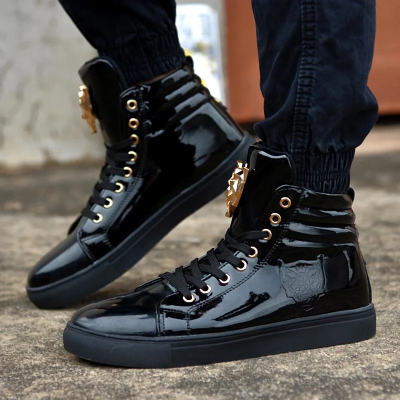 New Fashion High Top Casual Shoes For Men PU Leather Lace Up Red White Black Color Mens Casual Shoes Men High Top Shoes