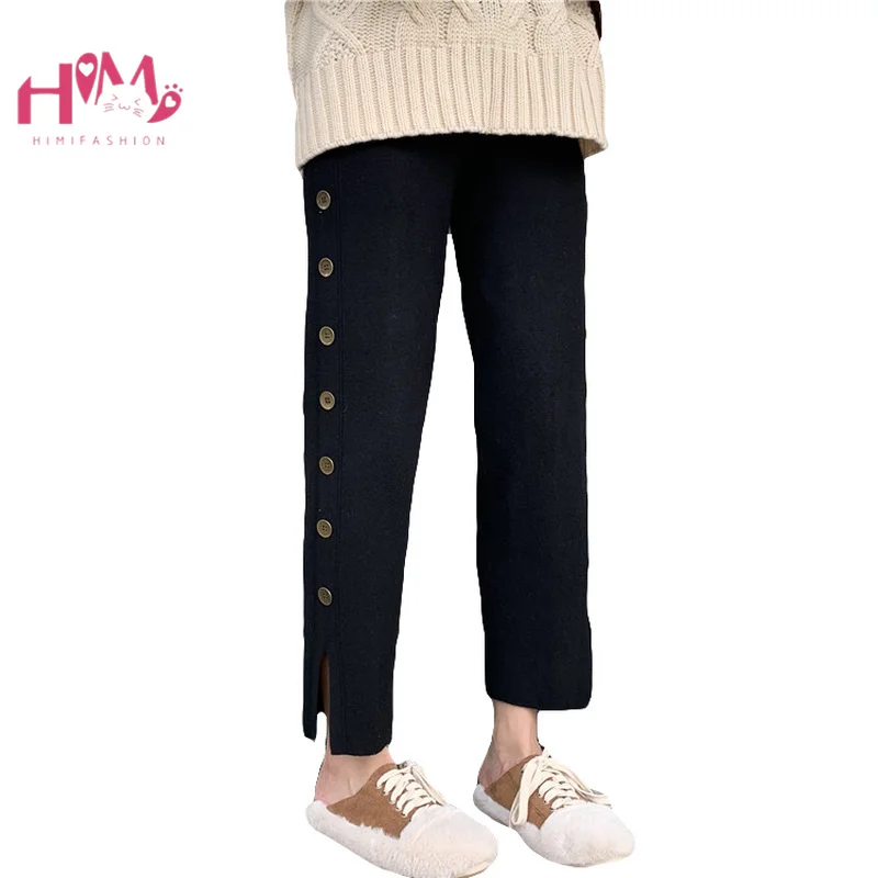 Осень Harajuku женские трикотажные брюки корейские свободные Кнопки досуг брюки с эластичной резинкой на талии сбоку сплит короткие винтажные