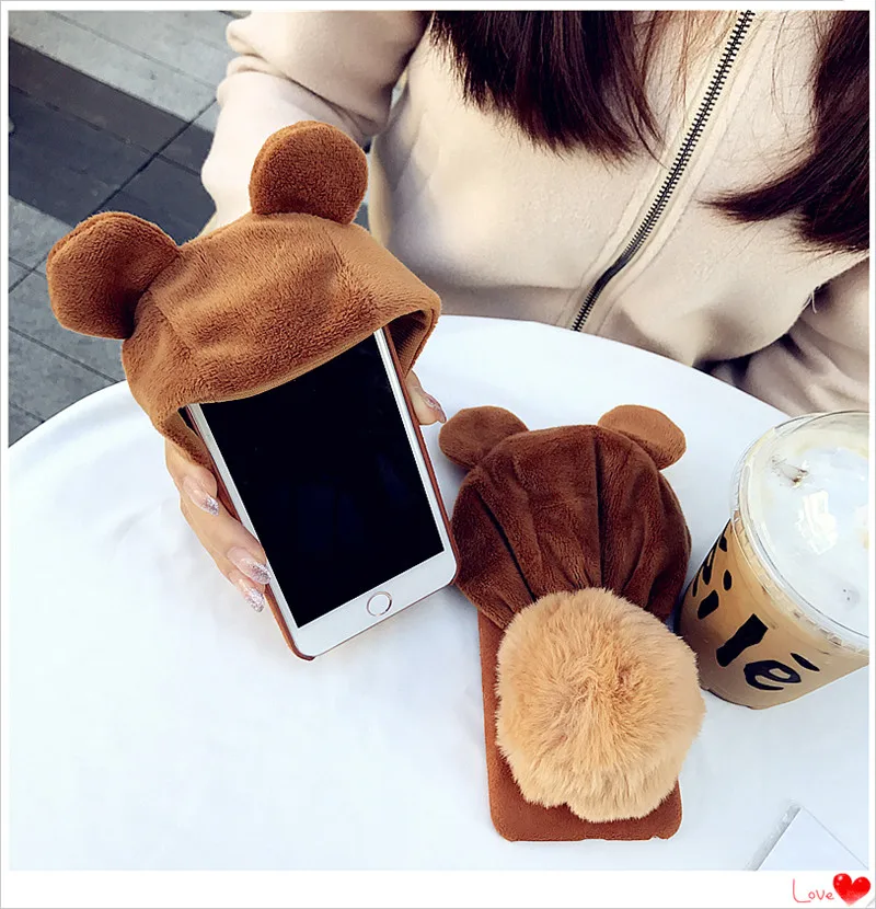 Ainike милый теплый меховой шар медведь шапка чехол для телефона для iPhone 6S Plus 7Plus 8 XR XS 11Pro Max животное ухо Мягкий Пушистый Плюшевый чехол