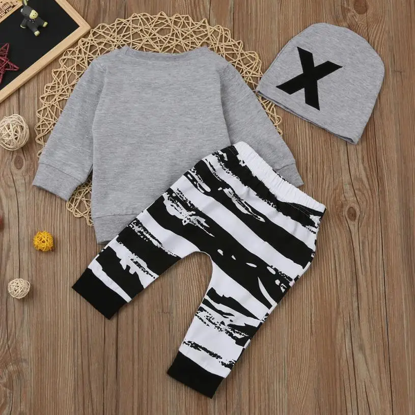 

Newborn Baby Boy Girl Long Sleeve Letter Print Tops+Pant+Cap Outfits Clothes Set