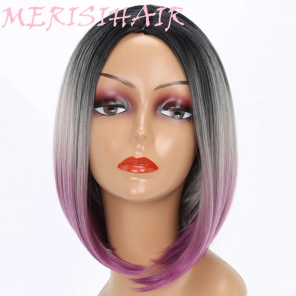 

MERISI HAIR 12" Short Straight Bob Hairstyle Synthetic Wig Black Ombre Gray Purple Wigs For Women Daily High Temperature Fiber