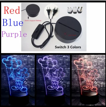 Мультфильм ночник 3D акриловый Блеск RGB Шар Микки мышь светодиодный Charge USB зарядка Иллюзия Декор настроение стол Лава подарок для детей - Испускаемый цвет: Switch 3 Color