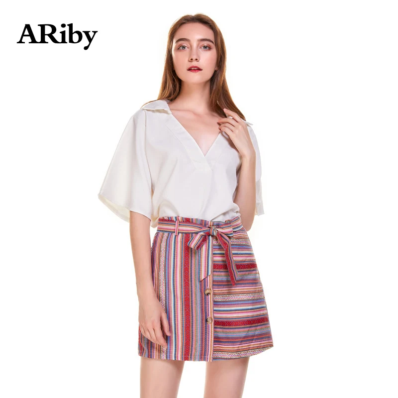 

Mini Skirt Women Harajuku 2019 Summer High Waist A-Line Bag Hip Skirt Bohemian Cotton Vertical Striped Sashes Empire Mini Skirt