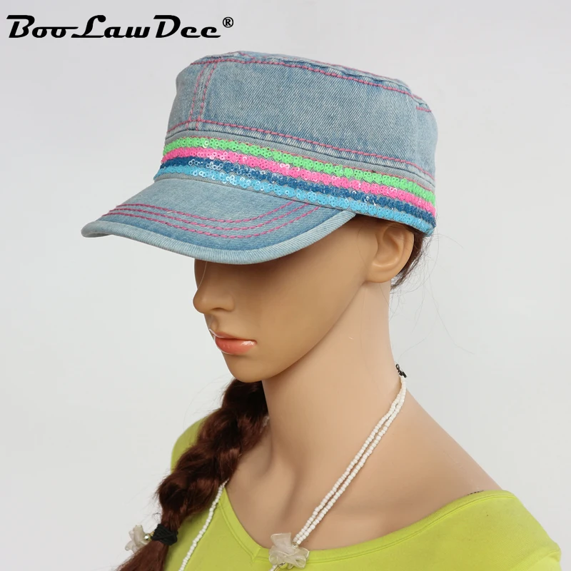 

BooLawDee women decorated denim flat military hat 57-58cm spring autumn sunscreen chapeau navy cap travel headpiece M569