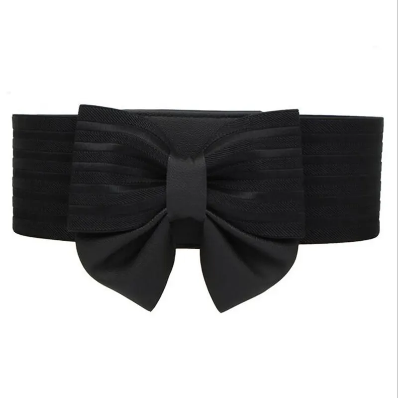 Fashion Wide Black Elastic Stretch Lady Bowknot Belts Elegant Bow Faux