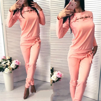 

Women Pink Tracksuits Jogging Running Suits Casual 2 Two Piece Set Top And Pants Hollow Out Long Sleeved Sweatshirt Sportswear