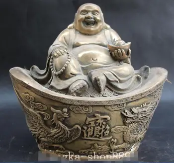

8" Chinese Bronze Auspicious Dragon Phoenix YuanBao Maitreya Buddha Statue