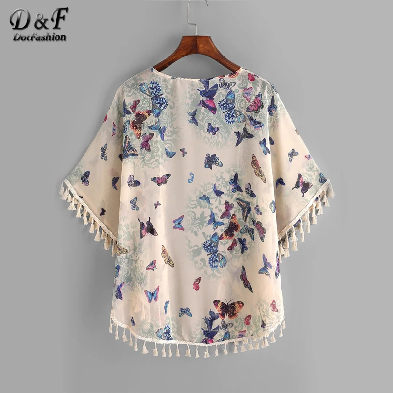 Dotfashion Butterfly Print Fringe Trim Top Kimono Womens Tops And Blouses 2019 Summer Casual Beachwear Short Sleeve Kimonos