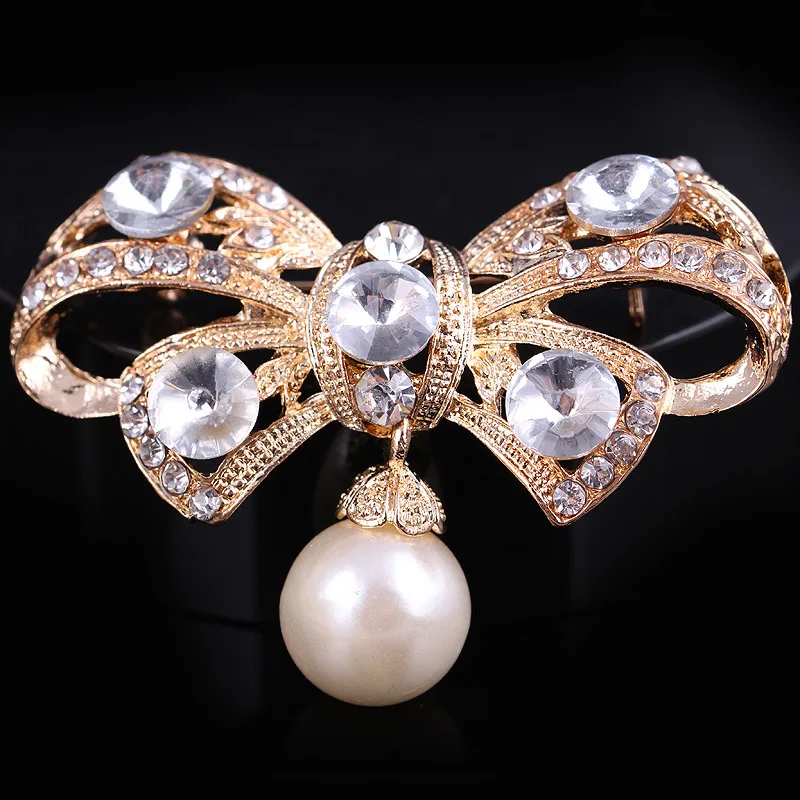 gold plated bowknot brooches pearl pendant  (1)