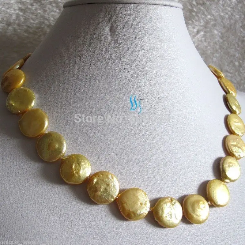 

W&O667 >>18" 15-16mm Golden Coin Freshwater Pearl Necklace Jewelry