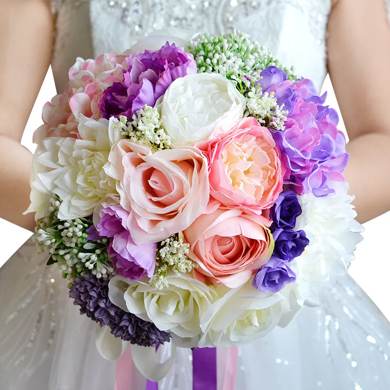 Wedding Bride Bouquet Wedding Holding Bouquet with Artificial Roses Ribbon Flower Brides Bridal Accessories Pink Purple White