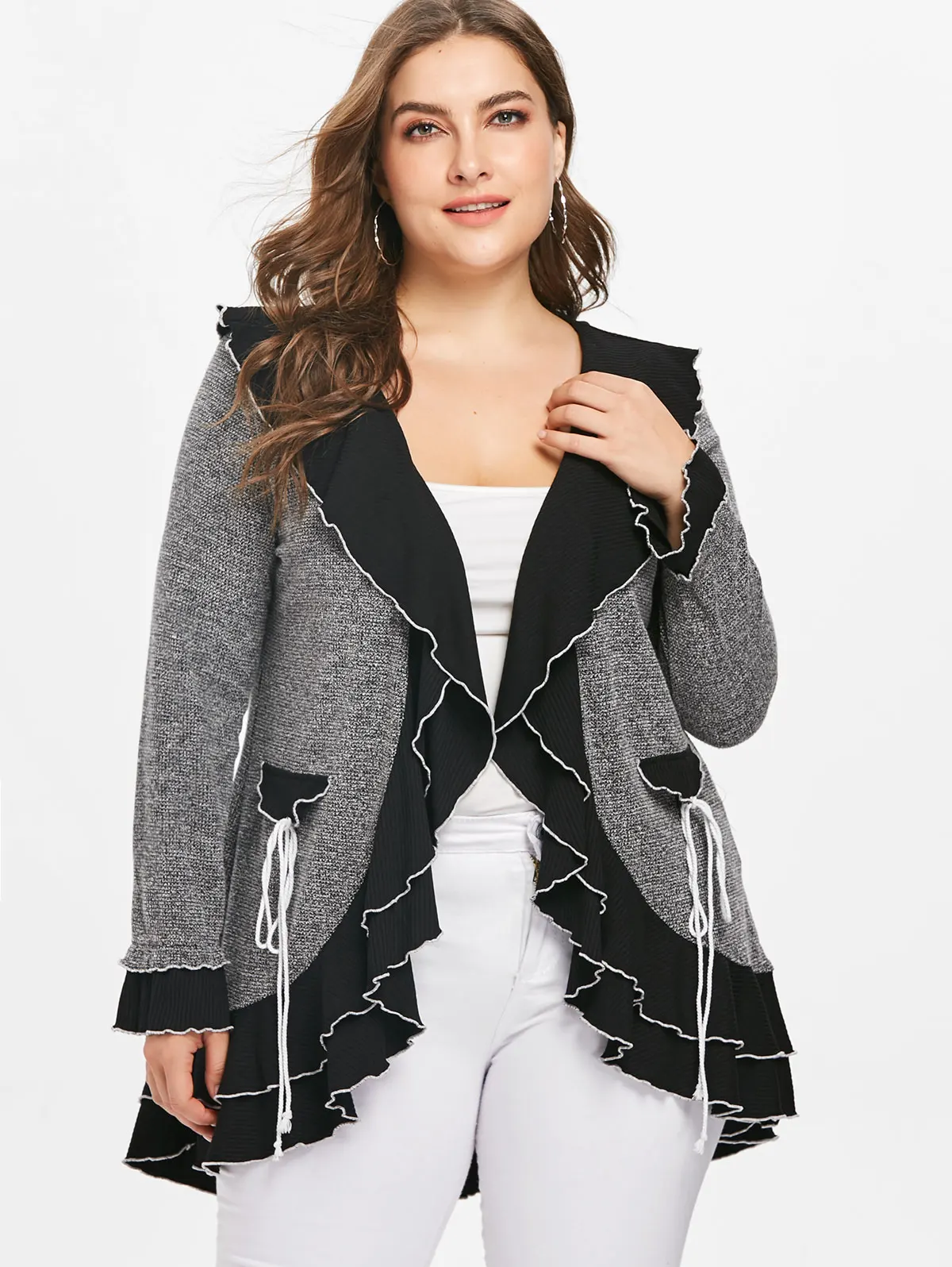 

Wipalo Women Plus Size 5XL Lettuces Trim Open Front Coat Turn-Down Collar Long Sleeve Wide-Waisted Fall Winter Outwear Overcoat