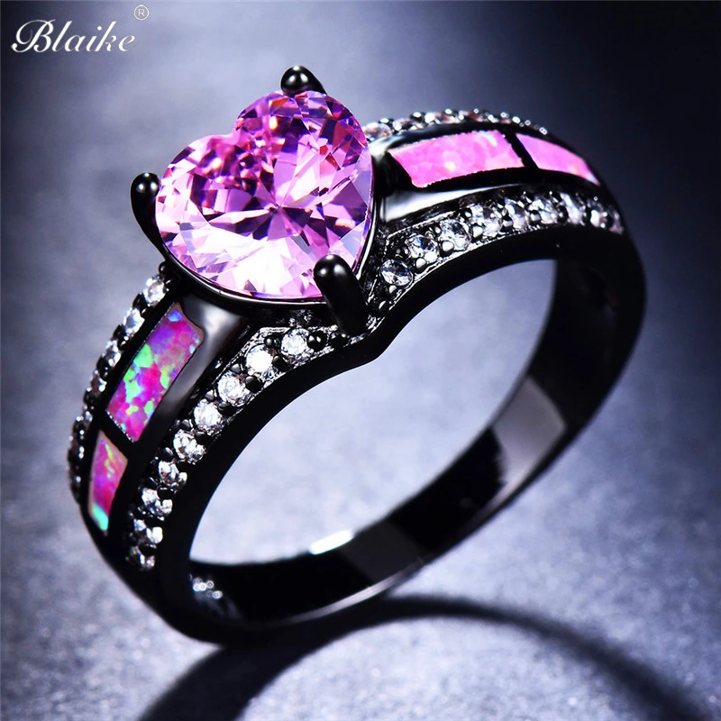 Blaike Pink Heart Zircon Single Row Pink Fire Opal Rings For Women Black Gold Filled Fashion