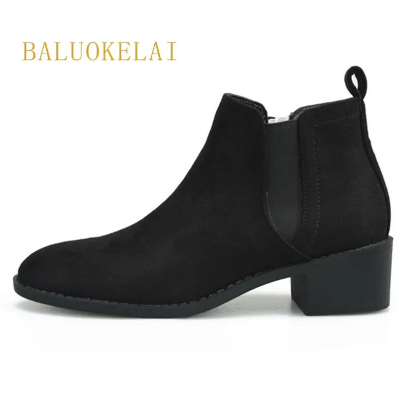 

Women Boots Autumn Winter Flock Shoes Woman Ankle Boots Black Slip-On Square Heels Casual Riding Boots,K-022