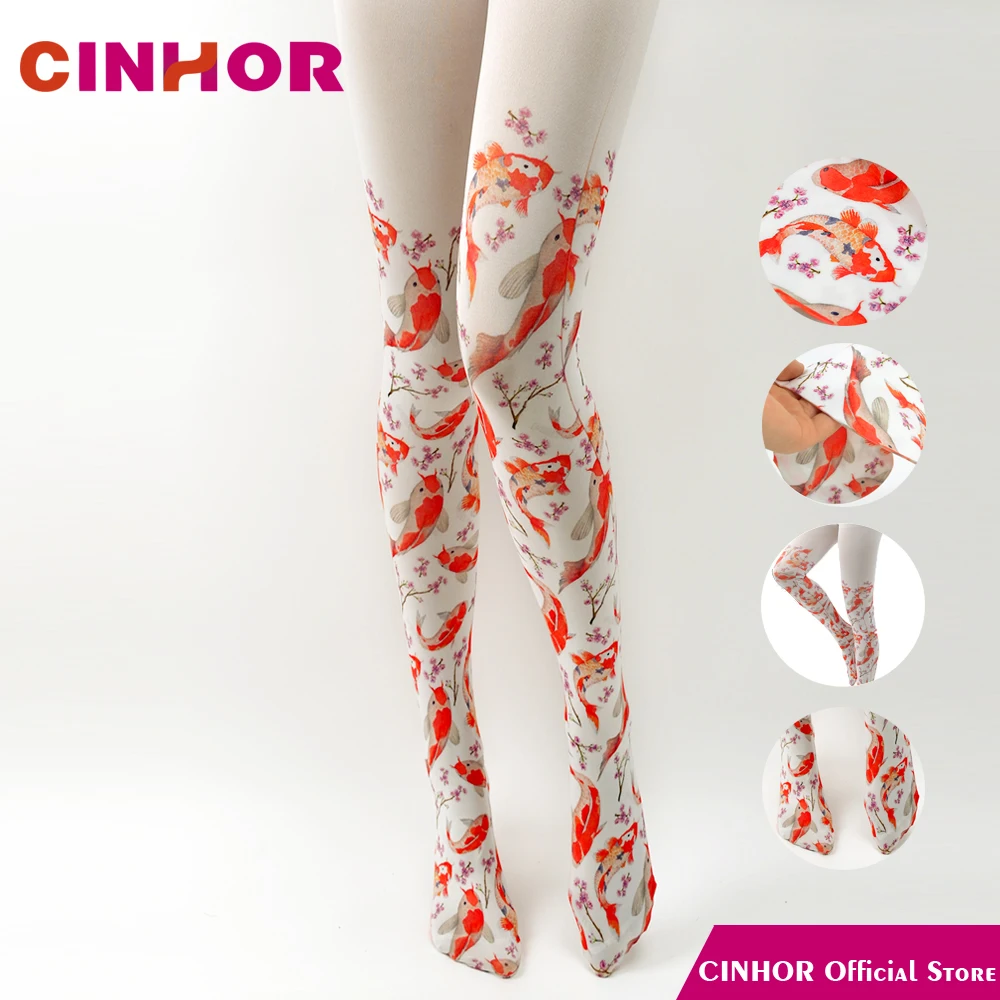 

CINHOR Original Carp Pattern Stockings White Bottom Catwalk Fashion Stitching College Wind Female Rompers Long Cotton