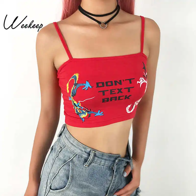 

Weekeep Cropped Dragon Printed Crop Top Women Sexy Bodycon Backless Sleeveless Camis Summer Streetwear Red Knitted Crop Tops