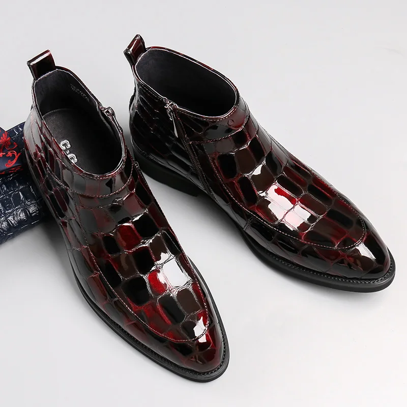 Модные черные/винно-красные ботинки челси с крокодиловым лицевым покрытием Мужские модельные ботинки Свадебная обувь из натуральной кожи сапоги мужские короткие