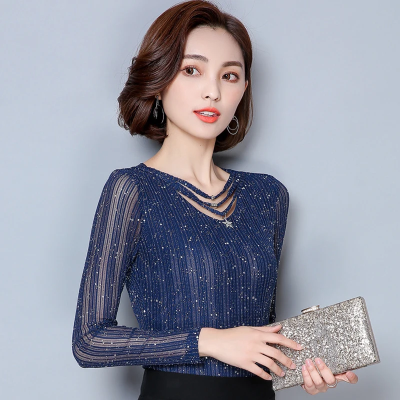 Nueva blusa de Mujer de malla de impresión ahuecada hacia fuera blusas coreanas Ropa 2018 Casual de camisa de manga larga Mujer Tops cuello en V rebordear Ropa Mujer Nueva blusa de Mujer de malla de impresión ahuecada hacia fuera blusas coreanas Ropa 2018 Casual de camisa de manga larga Mujer Tops cuello en V rebordear Ropa Mujer