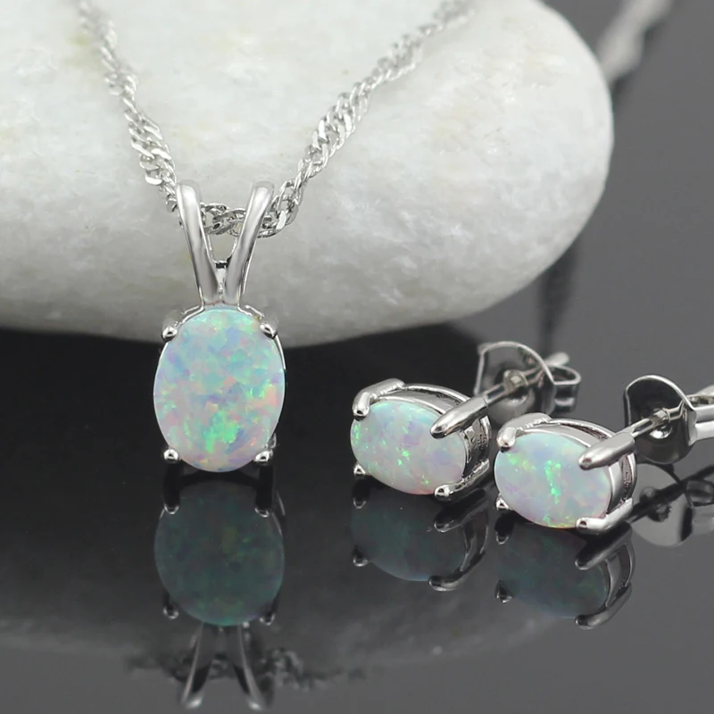 

HAIMIS Free Gift Box White Fire Opal Women Jewelry Sets For Wedding Pendant Necklace Earring Girls Bridal Sets TZOE6