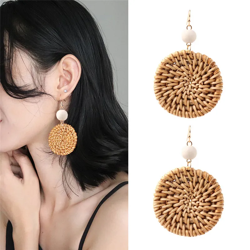 Fashion Handmade Folk-custom Bohemia Style Round Earrings Rattan Knit Round Wedding Party Earrings Jewelry ETD34 (2)