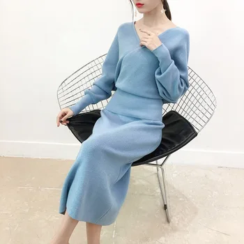 

2018 Chic V-neck Batwing Sleeve Sweater + Pencil Skirt Sets Autumn Ladies Cross Knit Tops Midi Dress Two-piece Suit Sweater Set
