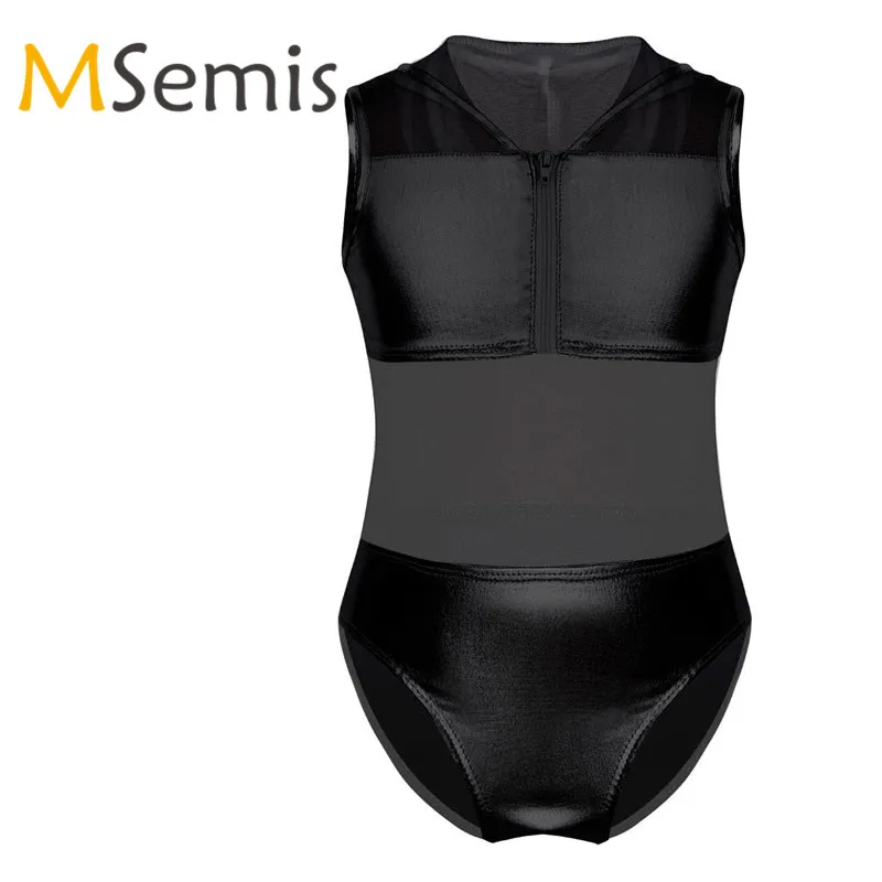 

Kids Girls Gymnastic Swimsuit Shiny Metallic Swimsuit Ballet Bodysuit Dance Leotard Hoodie Patchwork Zipper Closure Jumpsuit