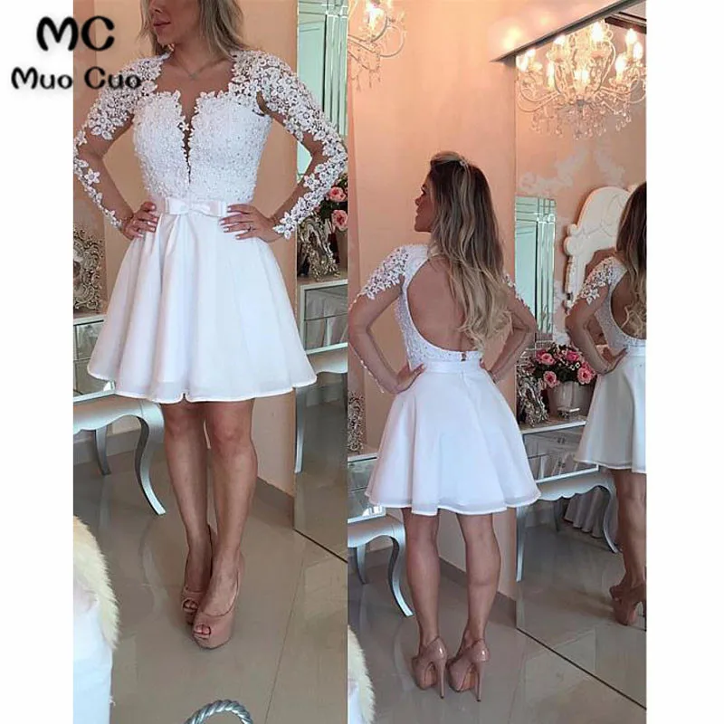 Chic Chiffon Jewel Neckline Long Sleeves Short A-line Homecoming Dress With Beaded Lace Appliques & Bowknot44