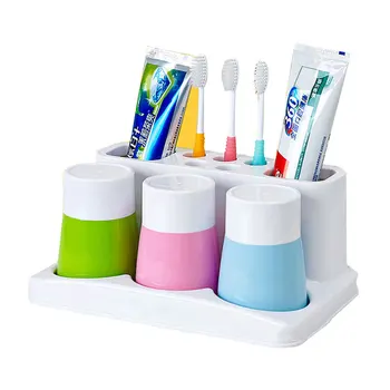 

Home Bathroom Toothbrush Toothpaste Holder Stand With Mouthwash Cup Family Washing Set Storage Rack