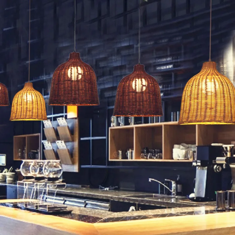 Sudeste asiático Retro madeira Pndant rústico Rattan LED luminária para