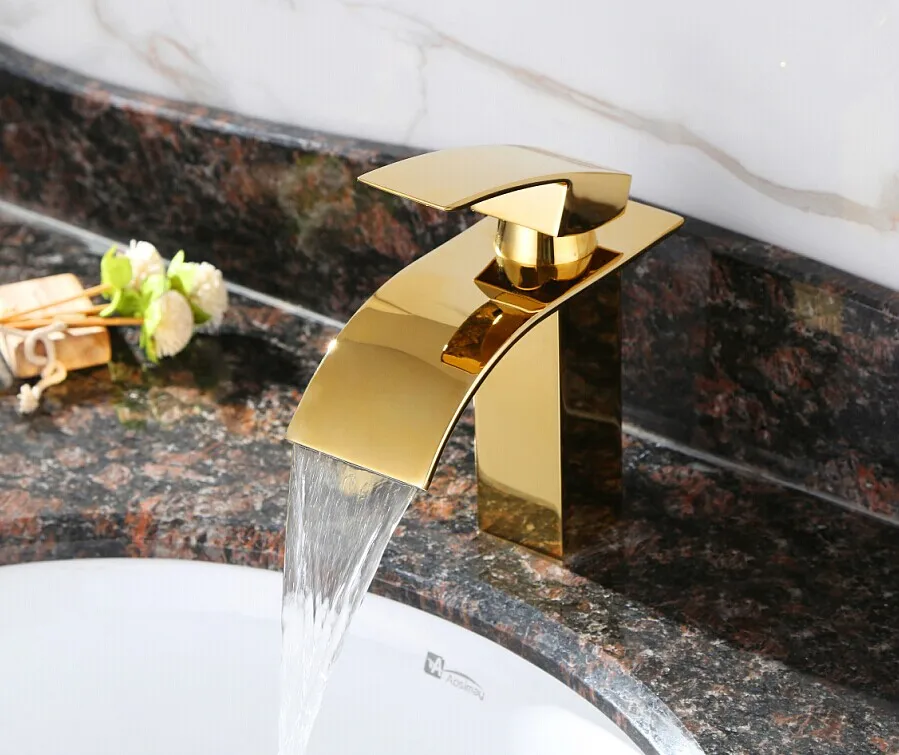 

Free ship Square Modern Waterfall One Hole Bathroom Sink Faucet mixer Tap gold Free Ship